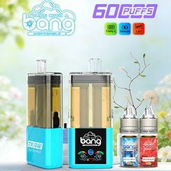 Two blue disposable vape devices with clear tanks, one showing a display, beside two e-liquid bottles in a bright garden setting.