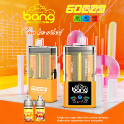 Two mango Bang disposable vape devices (60 puffs) with transparent tanks and orange bases on a bright orange background.
