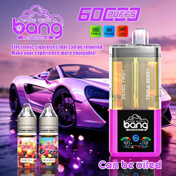 Pink and purple disposable vape with mixed fruit and triple berry flavors against a purple sports car, 60 puffs.