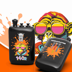 Zwei schwarze Vape-Pods mit einem bunten Cartoon-Affen mit rosa Sonnenbrille; links zeigt Bang Blaze 140k, rechts listet Geschmacksrichtungen auf.