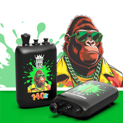 Cartoon gorilla in green sunglasses and a yellow jacket with a green chain, beside black bottles with neon green splashes.