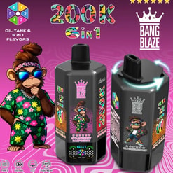 Confezione per serbatoio dell'olio 6 in 1 Bright Bang Blaze 200K con una colorata mascotte di una scimmia tropicale e due flaconi neri per vaporizzatore.