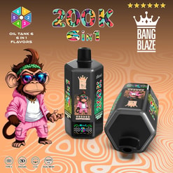 Una scimmia cartone animato con tuta rosa e occhiali da sole accanto a un serbatoio dell'olio Bang Blaze 6‑in‑1 nero con etichetta 200K con testo colorato 6IN.