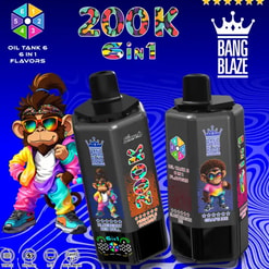 Due dispositivi di vaporizzazione neri su sfondo blu a spirale con testo di sapori 6 in 1 da 200K e marchio Bang Blaze, oltre a una scimmia.