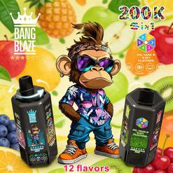 Cartoon monkey in tropical shirt and sunglasses flanks two black vape devices against a fruit background, Bang Blaze 6-in-1.