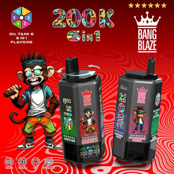 Due cialde per vaporizzatore Bang Blaze nere su sfondo rosso a spirale con una scimmia cartone animato e gusti 6 in 1.