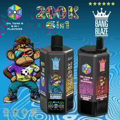 Bang Blaze 200K 6 in 1 oil flavors ad with two black vape tanks, colorful labels, a sporty cartoon monkey, and a crown logo