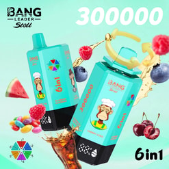 Deux sachets de jus BANG Leader Stoll 6 en 1 turquoise avec un chef singe de dessin animé, des saveurs myrtille framboise et cerise Coke.