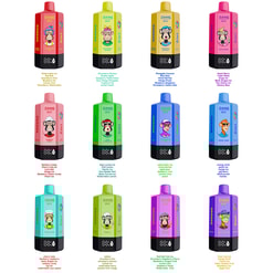 Sixteen colorful Bang energy drink bottles arranged in a grid, each with a cartoon character on the label and a black bottom.