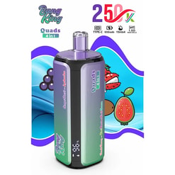 Vape mod with gradient green to purple, detachable purple mouthpiece, labeled Quadals 4 in 1 with fruit flavor names on sides, colorful background.