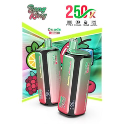 Two green and pink Bang King Quads 4-in-1 vape devices displayed against a colorful fruit-themed background with “Quads 4 in 1” label and 2500mAh capacity icons.
