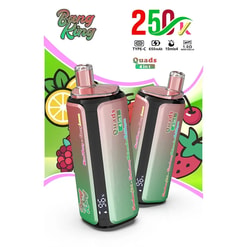 Two pink-green gradient vape devices with black bases standing side by side, featuring Quads 4 in 1 branding and fruit-themed graphics in the background.