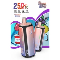 Two gradient rectangular vaping devices with rose gold tops, black bases, and subtle branding, set against a colorful background with fruit graphics and the text “250” and “Bang King” at the top.