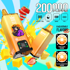 Vape mod with orange-yellow body, digital display, labeled Bang Box, surrounded by splash yellow liquid and strawberries; features 20000 puff capacity and eight adjustable flavors.