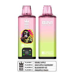 Two pink-to-green gradient vape devices labeled Bang Box and 8in1 Puff Puffs with a cartoon monkey and flame design on the front, plus flavor list indicating Double Apple, Sour Apple Raspberry, Blackberry Ice, and Pineapple Peach