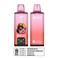 A pink gradient vape device labeled Bang Box with a cartoon monkey wearing a crown and smoking a cigar, front and back views, flavor listing at bottom.