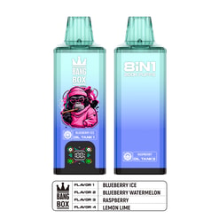 Two blue-to-teal vape pod devices labeled Bang Box, featuring a pink monkey illustration on the left and a gradient design on both, with a flavor list card at the bottom showing Blueberry Ice, Blueberry Watermelon, Raspberry, and Lemon Lime.