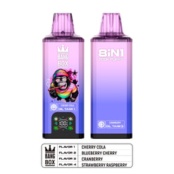 Two purple-to-blue gradient vape pods labeled Bang Box, with one featuring a colorful monkey graphic and a display, and a flavor list below showing Cherry Cola, Blueberry Cherry, Cranberry, and Strawberry Raspberry.