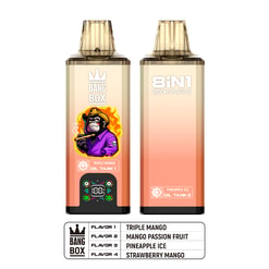 Two peach-to-amber vape pods with gold-tinted caps; left features a purple-clad crowned monkey logo and flavor label, right shows “8IN1 200K PUFFS” text. Includes flavor list: Triple Mango, Mango Passion Fruit, Pineapple Ice, Strawberry Mango.