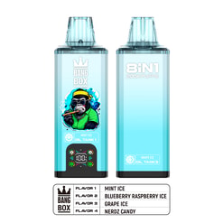 Two turquoise vape devices with clear containers and a label showing “BANG BOX” and “8IN1 200K PUFFS”; one features a colorful graphic of a character. Below is a flavor list: Mint Ice, Blueberry Raspberry Ice, Grape Ice, Nerdz Candy.