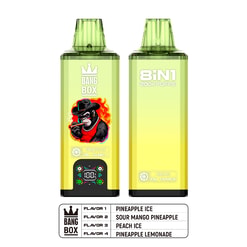Two green vape bottles with a black cap, front label features a flaming black panther and “BANG BOX” branding; one shows flavor labels and a digital display, the other has “8IN1” and gradient yellow-green background. A flavor list is below.