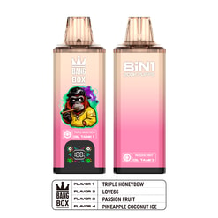 Two pink gradient vape devices labeled Bang Box with a cartoon monkey smoking, one showing flavor labels and a digital display, the other with “8IN1 200K Puffs” text.