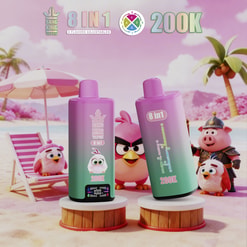 Bright pink and purple beach scene with oversized Bang King 8 in 1 vape bottles in the foreground, cartoon birds and a pig character, palm trees, and pastel sky.