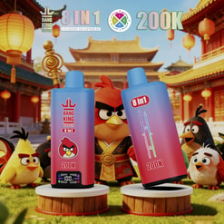Two large blue and pink vape bottles labeled 8 in 1 and 200K stand on circular platforms in front of Angry Birds characters, with a Chinese temple backdrop and lanterns.