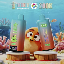 Two blue and green 8-in-1 Bang King Vape bottles labelled 200K stand on wooden bases in front of a cartoon chick underwater with coral and fish.