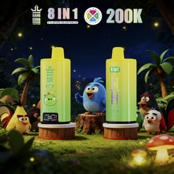 Two bright yellow vape bottles labeled 8 in 1 and 200K stand on wooden bases in a grassy, nighttime scene with cartoon birds and glowing fireflies.