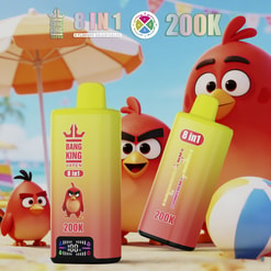 Bright yellow and orange Bang King 8in1 vape bottles on a sunny beach with red birds from Angry Birds in the background, labeled 200K.