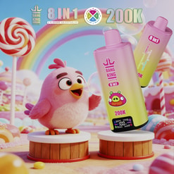 Pink fluffy bird standing on a wooden stump with colorful candy-themed backdrop and large 8 in 1 200K product bottles nearby.