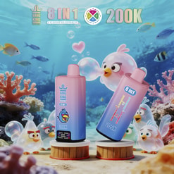Bright pink and blue vape bottles with 8in1 branding in an underwater beach scene featuring cartoon birds, bubbles, and coral.