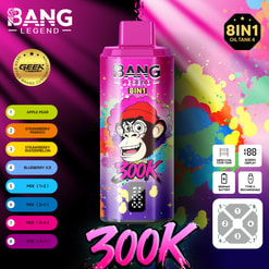 Die leuchtend rosafarbene Sprühflasche mit der Aufschrift “Bang Legend 8IN1” mit einer fröhlichen Affenillustration vor einem farbenfrohen, mit Farbspritzern bespritzten Hintergrund; enthält fetten „300K“-Text und Produktsymbole im unteren Teil.