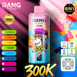 Vibrant spray can of Bang Legend 8 in 1 with a colorful splash background, featuring a masked character art and the bold “300K” text in front.