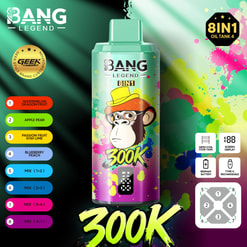 Leuchtend mintgrüne Spraydose mit der Aufschrift „Bang Legend 8IN1“, vor einem farbenfrohen Spritzerhintergrund mit Logos und farbcodierten Geschmacksetiketten auf der linken Seite.