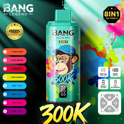 Leuchtend türkisfarbene Bang Legend 8IN1 Öltankflasche mit buntem Spritzhintergrund, 