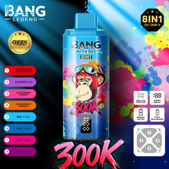 Leuchtend blaue Flasche Bang Legend 8 in 1 mit einem Cartoon-Affen mit Schutzbrille vorne, buntem Spritzer-Hintergrund und kräftigem rosa “300K”-Text unten.