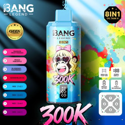 Leuchtend blaue Bang Legend 8-in-1-Vape-Flasche mit einem Cartoon-Affen mit Sonnenbrille und rosa Schleife, fettem “300K”-Text und bunten Farbspritzern im Hintergrund.
