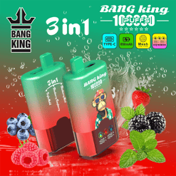3in1 Bang King vape pod with green-to-red gradient, two pods standing upright, fruit graphics (berries and mint) and splash background, branding and icons in top right.
