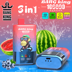 Bang King 3-in-1 vape device with pink to blue gradient housing, featuring a cartoon monkey wearing sunglasses; includes blue mouthpiece and a separate blue pod, set against watermelon and blueberries with splash background.