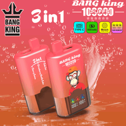 Two red Bang King 3-in-1 vape or e-cigarette devices with curved rectangular bodies, one showing a cartoon monkey illustration on the front, set against a pink splashy background with water droplets and product branding text.