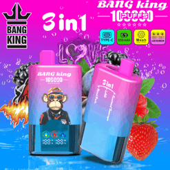 Bright pink and blue gradient packaging of a “3in1” Bang King product set, featuring two pink caps, a monkey graphic, and fruit background with strawberries and dark grapes.
