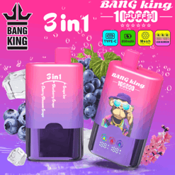 Bright pink and purple 3-in-1 Bang King bottles with a cartoon ape graphic, blue berries and pink flowers in the background, and small device icons at the top right.
