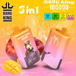 Bright yellow-orange ad featuring two Bang King 3-in-1 vape containers with fruit imagery (mango, peach), a mango slice, and bold white text 3in1; brand logo top left.