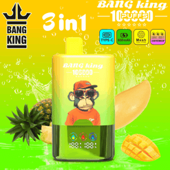 Bright yellow-green Bang King vape device with a cartoon character on the front, surrounded by pineapple and mango slices on a tropical background.