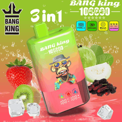 3in1 Bang King vape bottle with colorful gradient, banana and fruit-themed label featuring a cartoon monkey wearing sunglasses, set against a fruity background with ice cubes.