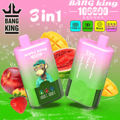 Colorful Bang King 3-in-1 vape or e-liquid bottle packaging with gradient pink-to-green colors, fruits in the background (mango, watermelon, strawberry), and a monkey character on the bottle label.