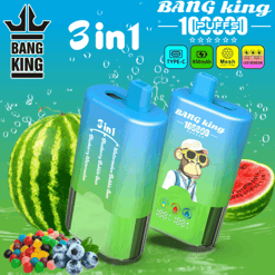 Two blue Bang King 3-in-1 vape/pot devices with a watermelon and berries background, featuring a cartoon monkey wearing sunglasses on one, and packaging text 3in1 and 10,000 mAh style.