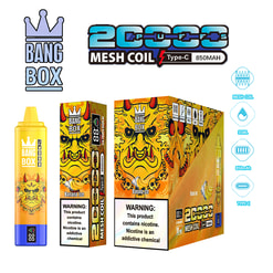 Bang Box 2-in-1 mesh coil Type-C packaging with yellow banana-themed boxes, a bottle, and warning label nicotine contents, 850mAh feature.